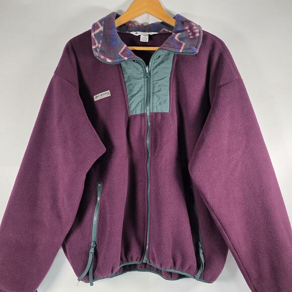Vintage Columbia Jacket Mens XL Burgundy/Green Aztec Fleece Full Zip Made in USA - Picture 5 of 11